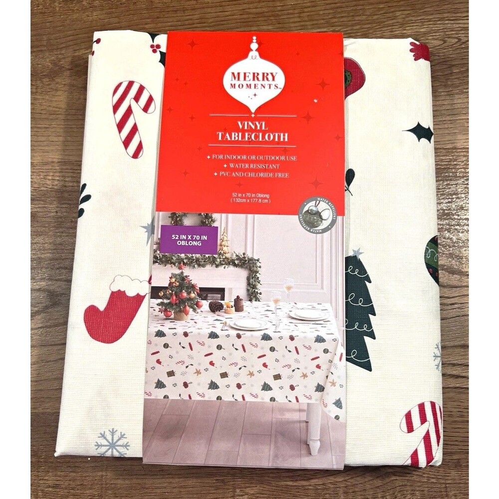 Merry Moments 52x70 Oblong Christmas Vinyl Tablecloth Water Resistant Wipe Clean